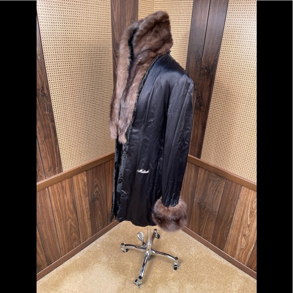 Badgley Mischka Broadtail & Russian Sable Trim Fur Robe Style Belt Jacket Coat S - Picture 9 of 12